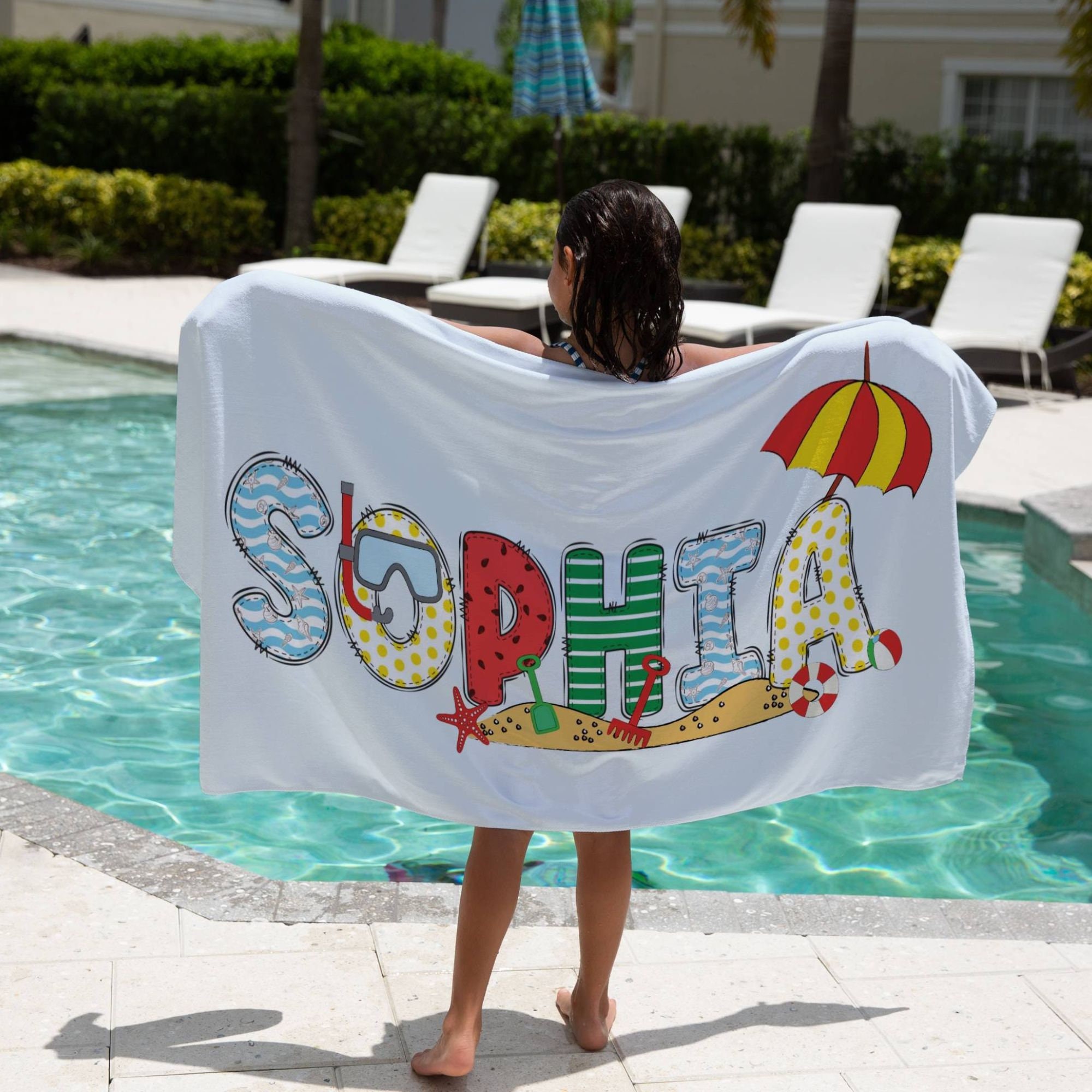 Custom Name Kid Beach Towel Gift Kid Pool Towel Name Birthday Party Favor Girl Beach Towel Boy Name Beach Themed Towel Kid Summer Camp Towel