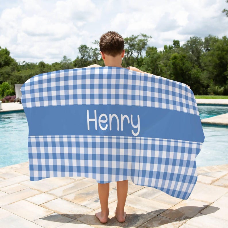 Gingham Beach Towel Name Bath Towel Personalized Kid Pool Towel Kid Birthday Gift Boy Gingham Towel Girl Pink Beach Towel Baby Beach Towel