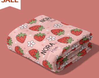 Pink Strawberry Name Blanket for Girl Nursery BlanketGift For Baby Girl Shower Baby Strawberry Blanket Name Toddler Birthday Gift Grandkid