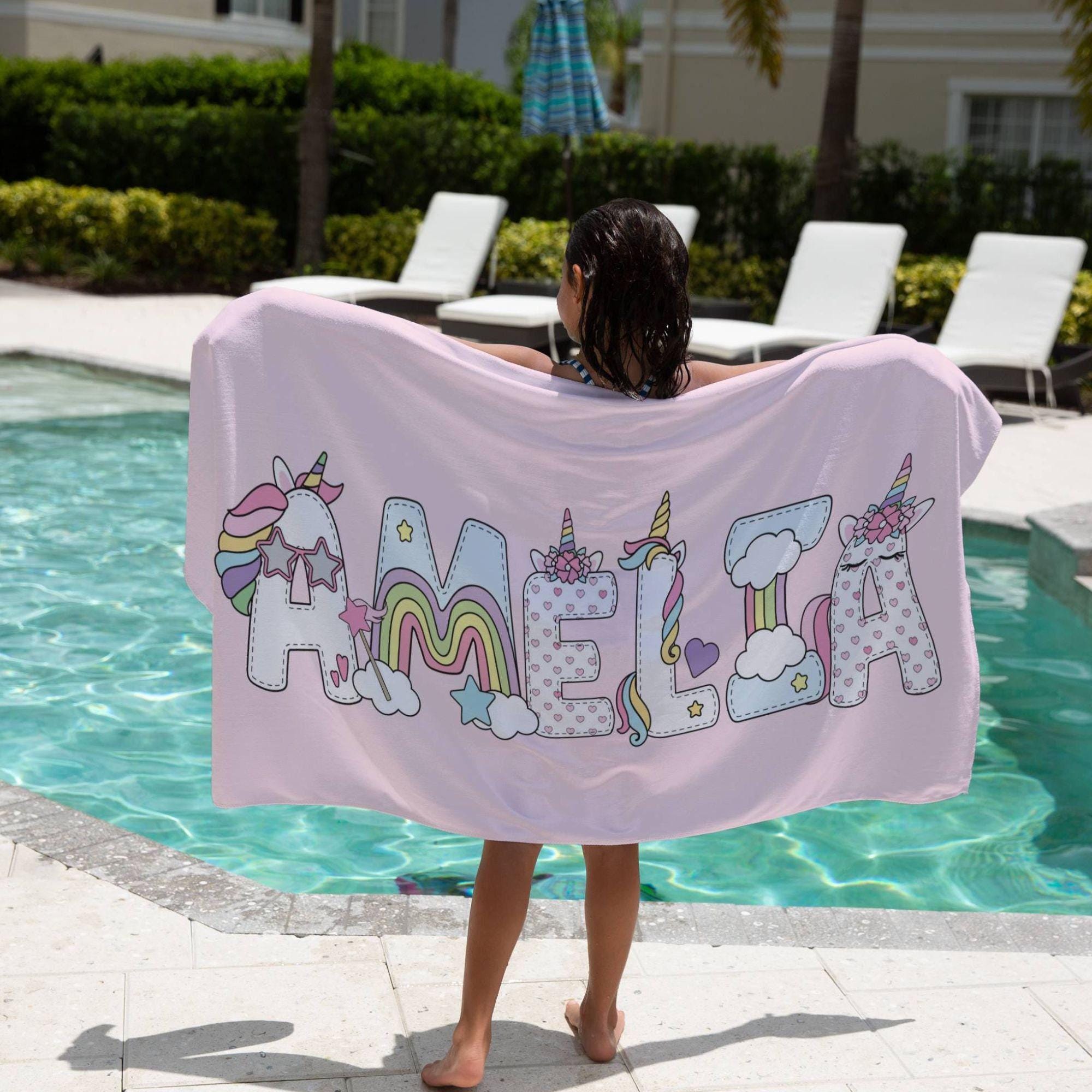 Personalized Unicorn Beach Towel Gift Birthday Party Favor Kid Pool Party Towel Graduation Gift Kid Girl Beach Towel Girl Summer Camp Towel