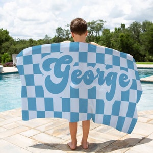 Checkered Beach Towel Retro Name Beach Towel Personalized Kid Pool Towel Vacation Beach Towel Gift Birthday Gift For Girl Boy Beach Towel