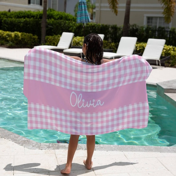 Gingham Beach Towel Name Bath Towel Personalized Kid Pool Towel Kid  Birthday Gift Boy Gingham Towel Girl Pink Beach Towel Baby Beach Towel