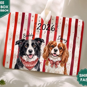May include: A rectangular ceramic ornament featuring a red and white striped background with the year 2026 printed at the top. It displays illustrations of a black and white dog named Buddy and a brown and white dog named Daisy.