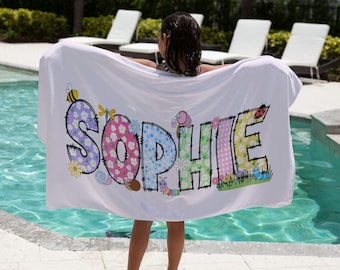 Floral Kid Beach Towel Personalized Name Beach Towel Summer Custom Towel Vacation Gifts for Kid Birthday Party Gift Pool Towel
