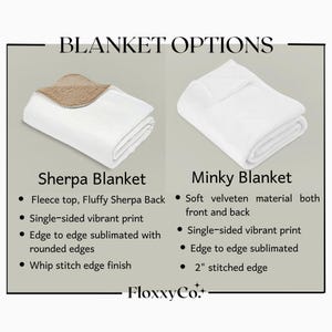 two different types of blankets: a Sherpa Blanket and a Minky Blanket. The Sherpa Blanket has a fluffy Sherpa Back and a single-sided vibrant print, while the Minky Blanket has a soft velvet material and a 2-stitched edge finish.