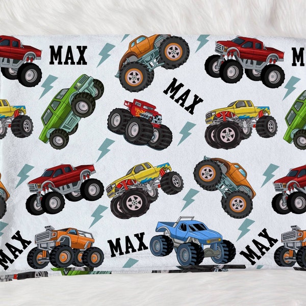 Custom Monster Truck Blanket Gift for Kids Personalized Gift for Toddler Boy Custom Kids Blanket Stroller Name Blanket Kids Christmas Gift