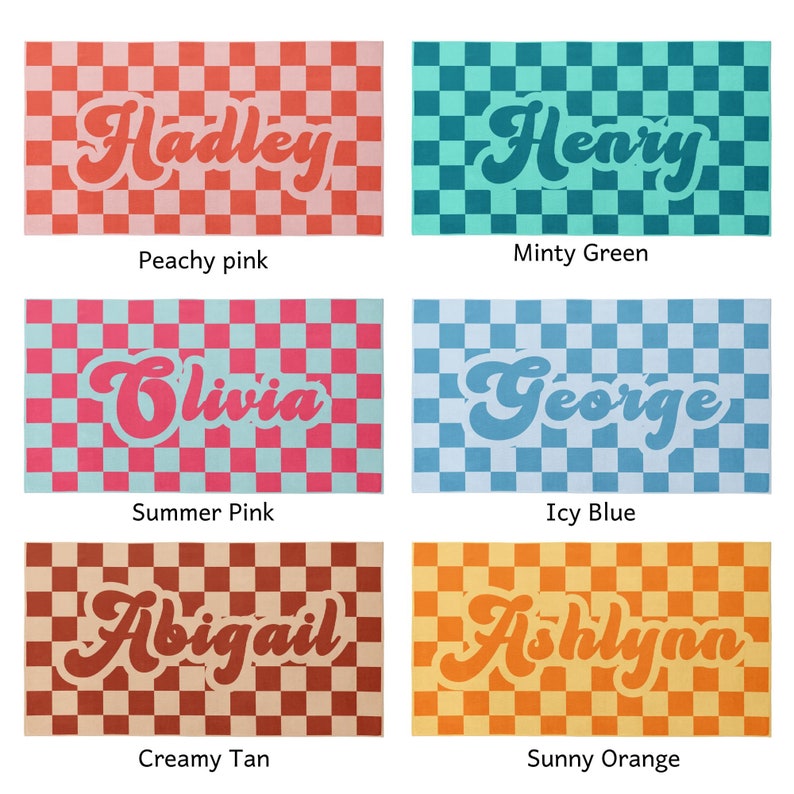 Checkered Beach Towel Retro Name Beach Towel Personalized Kid Pool Towel Vacation Beach Towel Gift Birthday Gift For Girl Boy Beach Towel