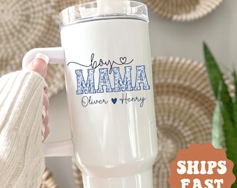 Boy Mama 40oz Tumbler Personalized Boy Mama Tumbler with Handle Gift for Boy Mama for Mother's Day Gifts Custom Kids Names Gift for Mom