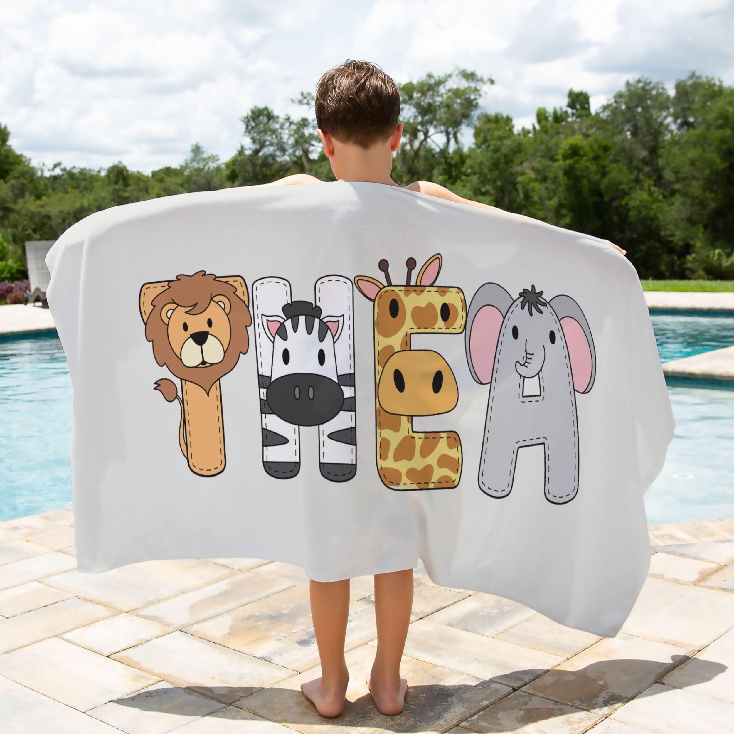 Safari Animal Beach Towel for Kids Personalized Name Towel  Zoo Theme Towel Jungle Birthday Gift Kids Pool Towel Lion Zebra Giraffe Elephant
