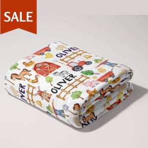 Couverture personnalisée animaux de la ferme, bébé garçon, couverture avec prénoms des animaux de la ferme, couverture pour enfant sur le thème du ranch, cadeau de baby shower, cadeau de Noël pour enfants