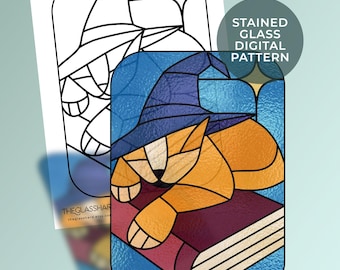 Patrón digital de vitral de gato bibliotecario Descarga de patrón digital de arte de vitral DIY Descarga de patrón digital Listo para imprimir