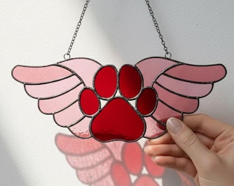 Patrón digital de vitral con huella de pata de alas conmemorativas para mascotas, descarga de patrón digital de arte de vitral DIY, descarga de patrón digital listo para imprimir