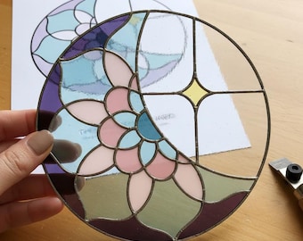 Patrón digital de vitral con impresión de luna y mandala Descarga de patrón digital de arte de vitral DIY Descarga de patrón digital Listo para imprimir