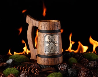 Chope à bière personnalisée, chope de viking, chope en bois personnalisée, chope cadeau amateur de bière, porte-canette, cadeau garçons d'honneur gravé, cadeau pour homme