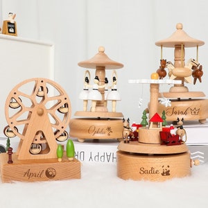 Caja de música de madera personalizada, caja de música de carrusel hecha a mano, recuerdo de juguete musical con nombre grabado, regalo para niños, Navidad, regalos de baby shower