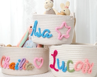 Personalized Baby Name Basket - Custom Cotton Rope Diaper Caddy & Nursery Storage Organizer With Name