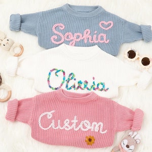 Personalized Hand Embroidered Name Baby Sweater, Custom Toddler Knit Sweater for Girls Boys, Baby Shower, Children Sweater, Birthday Gift