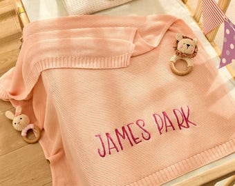 Custom Baby Blanket, Embroidered Name Blanket, Newborn Gift, Knit Nursery Blanket, Baby Shower Gift, Soft Cotton Knit Stroller Blanket, Gift
