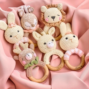 Personalized Crochet Baby Rattle Toy for Girls and Boys, Animal Crochet Baby Rattle, Baby Shower Gift, Baby Rattle Grasping Toy,Newborn Gift