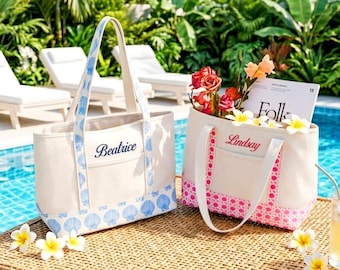 Custom Canvas Tote Bag, Embroidered Floral Handbag with Initials, Bridesmaid Gift, Beach Bag, Bachelorette Favors, Shoulder Bag for Women