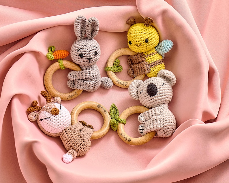 Personalized Crochet Baby Rattle Toy for Girls and Boys, Animal Crochet Baby Rattle, Baby Shower Gift, Baby Rattle Grasping Toy,Newborn Gift image 8