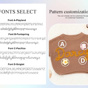 Op de afbeelding: Een bruine gebreide trui met de naam "Darcy" geborduurd in geel garen. De trui heeft vier aanpasbare posities gemarkeerd met de letters A, B, C en D. De afbeelding toont ook een lettertype-selectiegids met vier verschillende lettertypen.