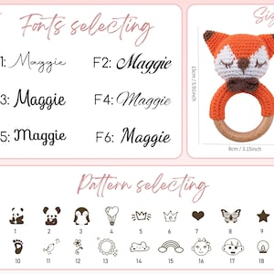 May include: A customizable crochet baby rattle with a fox design. Choose from six font styles and eighteen different patterns. The rattle is 5.91 inches tall and 3.15 inches in diameter.