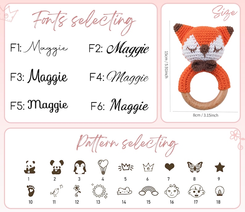 May include: A customizable crochet baby rattle with a fox design. Choose from six font styles and eighteen different patterns. The rattle is 5.91 inches tall and 3.15 inches in diameter.