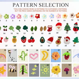 Op de afbeelding: Een tabel met 51 verschillende haakpatronen. De patronen omvatten bloemen, dieren, voedsel en vakantiethema's. De tabel is gelabeld "Patroonselectie" en bevat de tekst "U kunt kiezen uit 32 patronen om 4 patronen aan te passen, maar de prijs varieert afhankelijk van het aantal patronen."