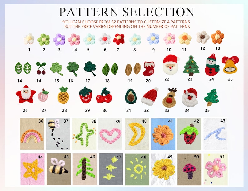Op de afbeelding: Een tabel met 51 verschillende haakpatronen. De patronen omvatten bloemen, dieren, voedsel en vakantiethema's. De tabel is gelabeld "Patroonselectie" en bevat de tekst "U kunt kiezen uit 32 patronen om 4 patronen aan te passen, maar de prijs varieert afhankelijk van het aantal patronen."