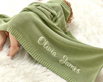 Personalisierte weiche Strick Babydecke | Stickerei Name | Neugeborenen Baumwolle Strickdecke für Jungen Mädchen | Baby Geschenke | Kinderwagendecke