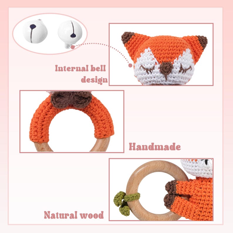 May include: Handmade wooden teether with a crocheted fox head and a bell inside. The teether is made of natural wood and has a crocheted fox head with a brown bow. The teether is a great way for babies to explore their senses and develop their fine motor skills.