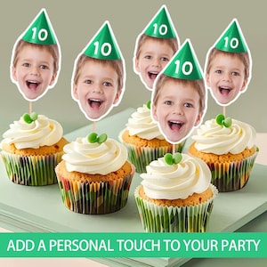 Custom Cupcake Photo Toppers, Personalized Baby Birthday Party Hat with Face Photo, Birthday Party Decorations, Custom Photo Face on Stick