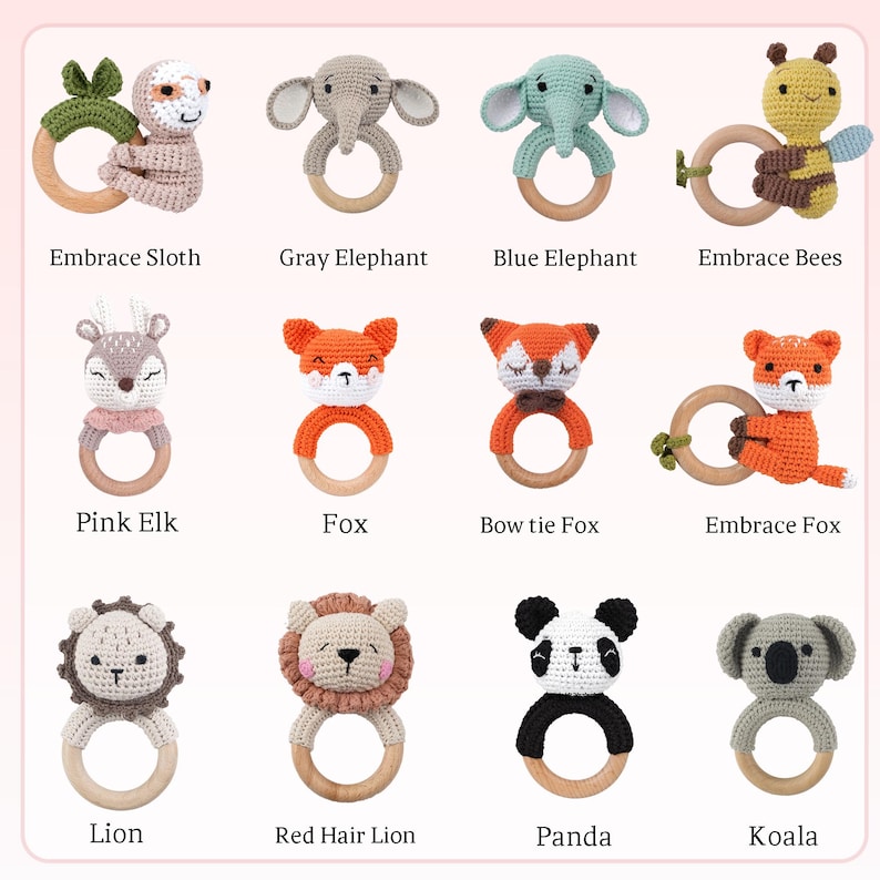 May include: Set of 12 crocheted animal teethers with wooden rings. The animals include a sloth, elephant, fox, elk, lion, panda, koala, and bees.