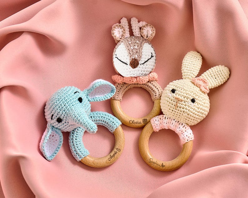 Personalized Crochet Baby Rattle Toy for Girls and Boys, Animal Crochet Baby Rattle, Baby Shower Gift, Baby Rattle Grasping Toy,Newborn Gift image 10