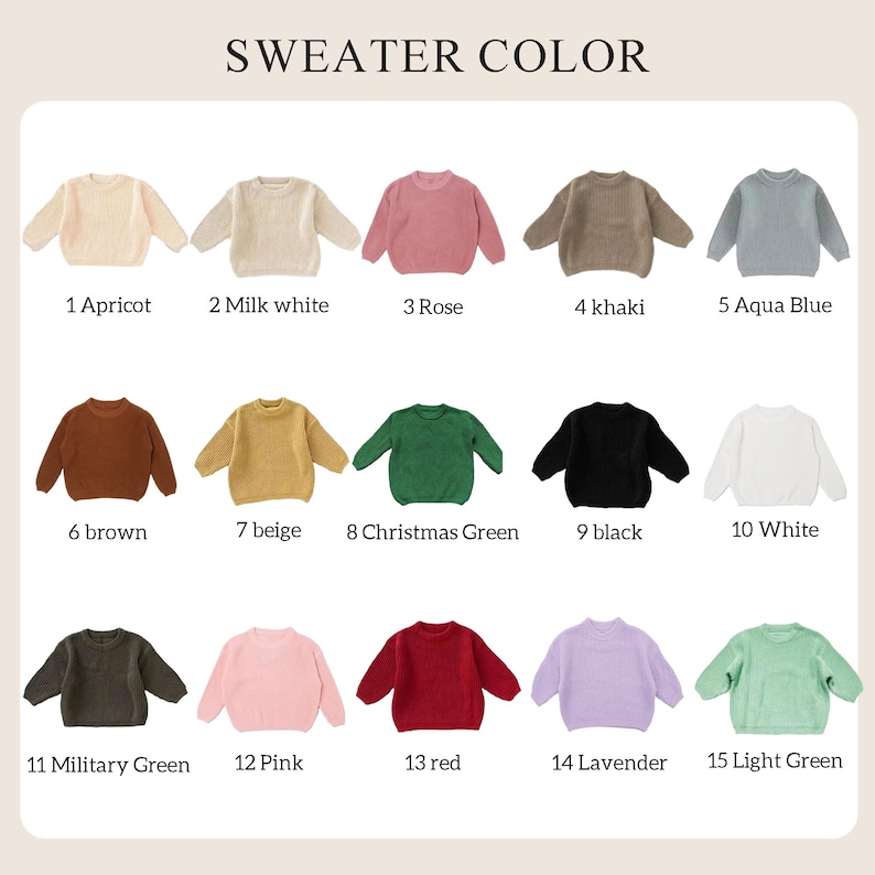 Op de afbeelding: Een tabel met 15 verschillende kleur opties voor een trui. De kleuren zijn: abrikoos, melkachtig wit, roze, kaki, aquablauw, bruin, beige, kerstgroen, zwart, wit, legergroen, roze, rood, lavendel en lichtgroen.