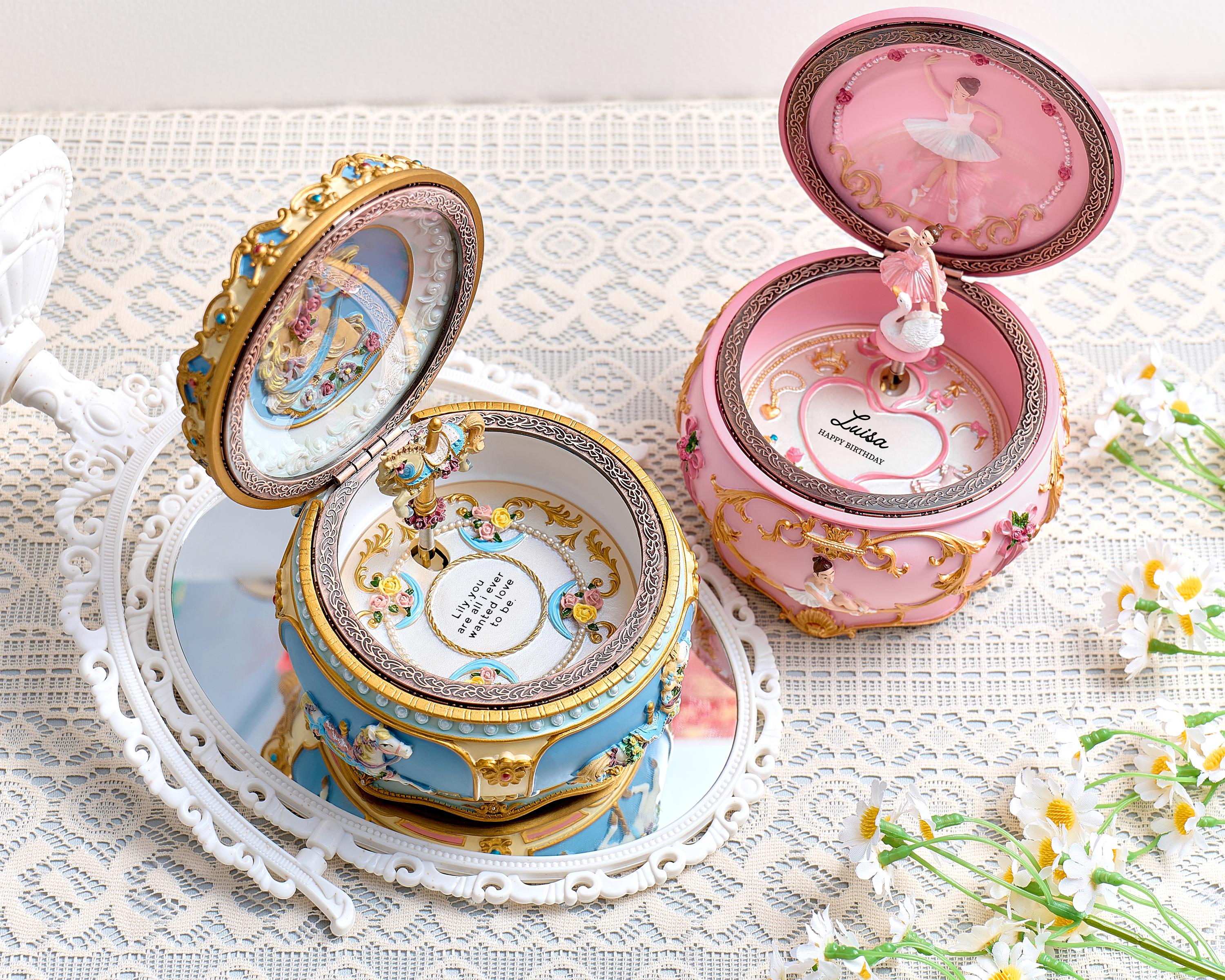 Personalized Carousel & Ballerina Music Box, Custom Engraved Name