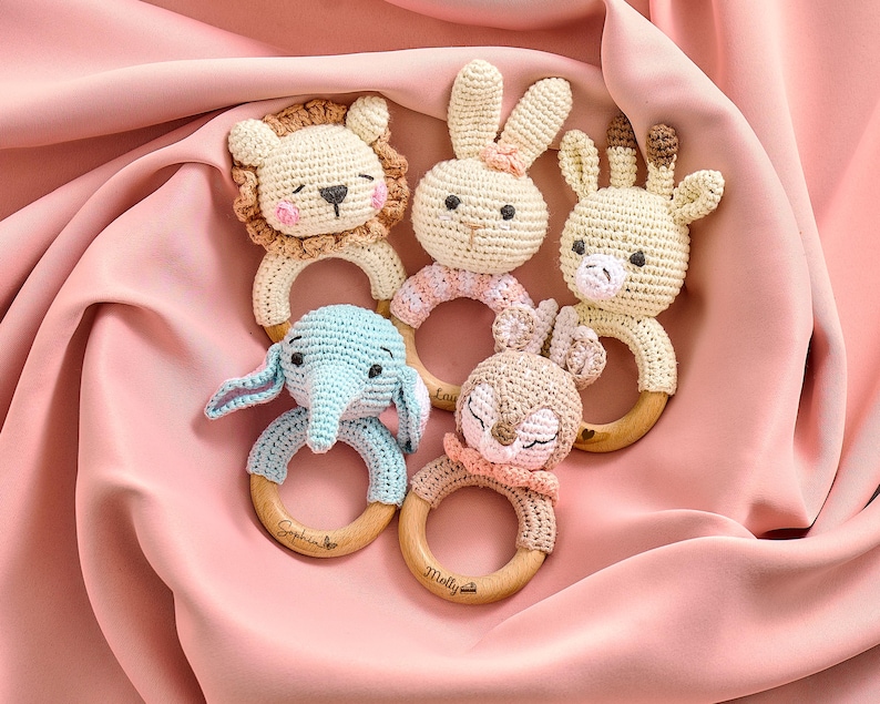 Personalized Crochet Baby Rattle Toy for Girls and Boys, Animal Crochet Baby Rattle, Baby Shower Gift, Baby Rattle Grasping Toy,Newborn Gift image 7