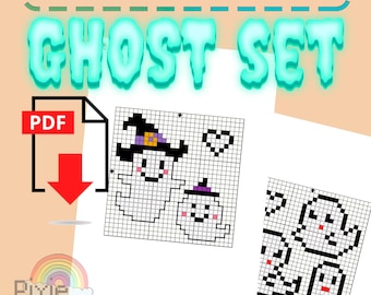 May include: A digital PDF pattern for Hama beads featuring a Ghost Set design. The image shows a grid with pixelated ghost designs, including ghosts wearing witch hats and a heart. The text "GHOST SET" is in large, turquoise letters.