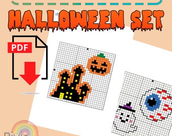 May include: A Halloween-themed Hama beads PDF pattern set. The image features a jack-o'-lantern, a haunted house, a ghost, and an eyeball design. The words "HAMA BEADS PDF PATTERN" and "HALLOWEEN SET" are displayed in orange and green.