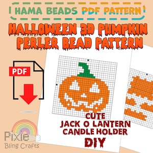 May include: A Halloween-themed PDF pattern for a 3D pumpkin Perler bead project. The design includes a grid with an orange Jack O'Lantern face, a green stem, and the words "CUTE JACK O LANTERN CANDLE HOLDER DIY".