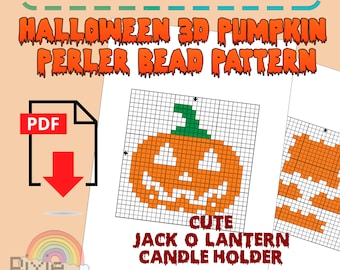 May include: A Halloween-themed PDF pattern for a 3D pumpkin Perler bead project. The design includes a grid with an orange Jack O'Lantern face, a green stem, and the words "CUTE JACK O LANTERN CANDLE HOLDER DIY".