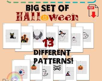May include: A collection of 13 Halloween-themed Hama bead PDF patterns. The designs include a black cat, haunted house, bat, ghost, spider, and pumpkin. The text reads "BIG SET OF Halloween" and "DIFFERENT PATTERNS!"