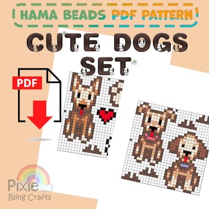 May include: A PDF pattern for Hama beads featuring a "Cute Dogs Set." The design includes pixelated images of dogs, a heart, and the text "Cute Dogs Set." The pattern is on a white background.