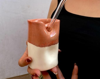 Handmade Ceramic To-Go Cup | Modern Minimalist Pottery Travel Tumbler | Artistic Mug With Lid For Summer Holiday Road Ice Coffee & Latte