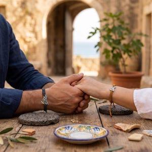 May include: Two hands holding each other, each wearing a bracelet. One bracelet is black with a gold and blue charm, the other is brown with a gold charm. The bracelets are on a wooden table with a decorative plate.