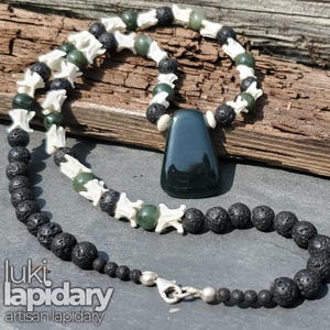 Blue Jadeite &gt;&gt; Mayan Hatchet Pendant &gt;&gt; Snake Vertebrae Accent Beads &gt;&gt; Jade Beads