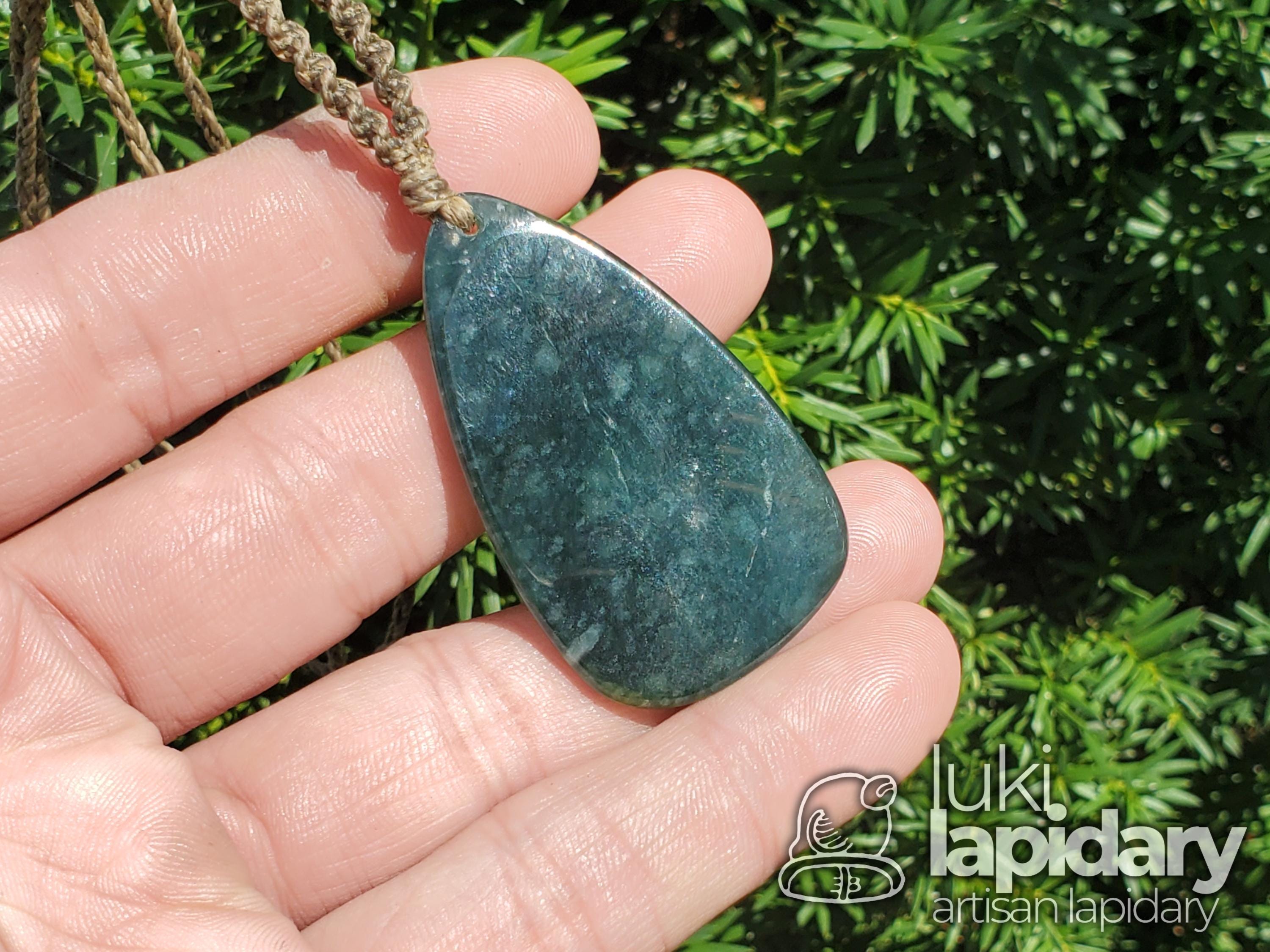 Guatemalan Jadeite Pendant >> Speckled Blue Jadeite Jade >> Intricate Macrame Necklace >> Mayan Jade