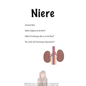 Könnte beinhalten: Ein Diagramm der menschlichen Nieren, das die Anatomie der Organe und ihre Blutversorgung zeigt. Der Text unter dem Diagramm stellt Fragen zu den Nieren, wie z. B. ihre Funktion und häufige Krankheiten.