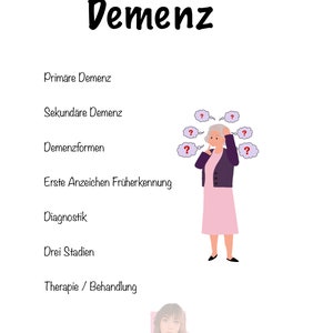 Pode incluir: Um fundo branco com texto preto que descreve as etapas da demência. O texto inclui: Demenz, Demência primária, Demência secundária, Formas de demência, Primeiros sinais Detecção precoce, Diagnóstico, Três etapas, Terapia/Tratamento. Uma ilustração de uma mulher com cabelo grisalho e um vestido rosa é mostrada com pontos de interrogação em balões de pensamento acima de sua cabeça.